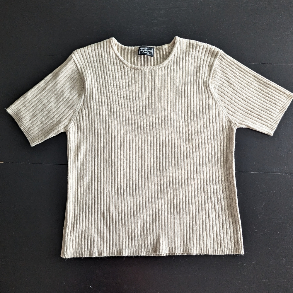 Vintage Creme Tan Ribbed Short Sleeve Crew Knit Shirt